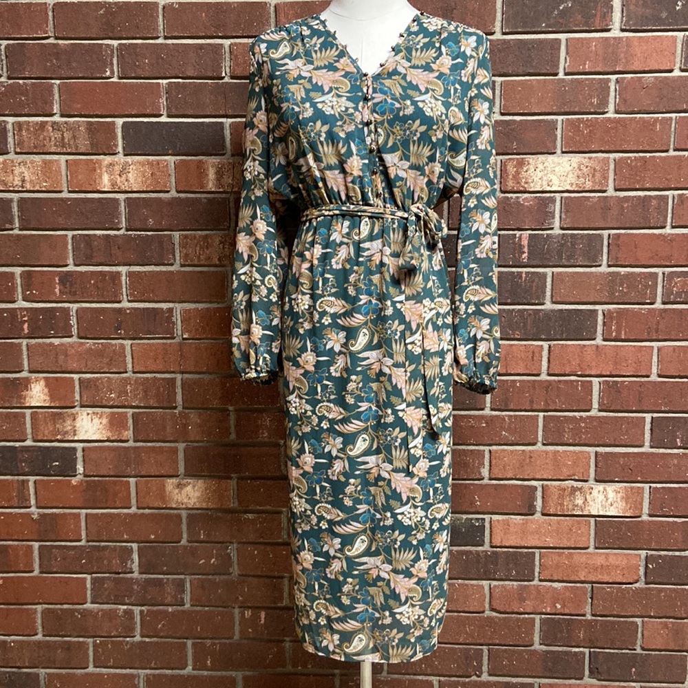 DR2 Green Botanical‎ Print Midi Dress Size Small